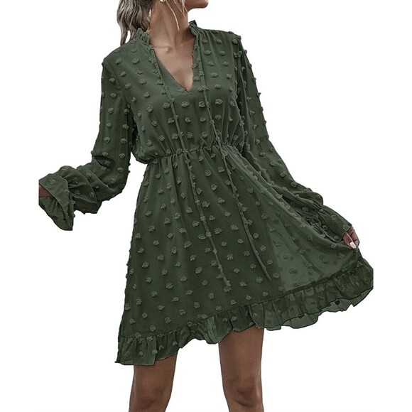 Long Sleeve Mini Dress Small Army Green Polka Dot Olive Sheer Tie VNeck - Picture 1 of 15